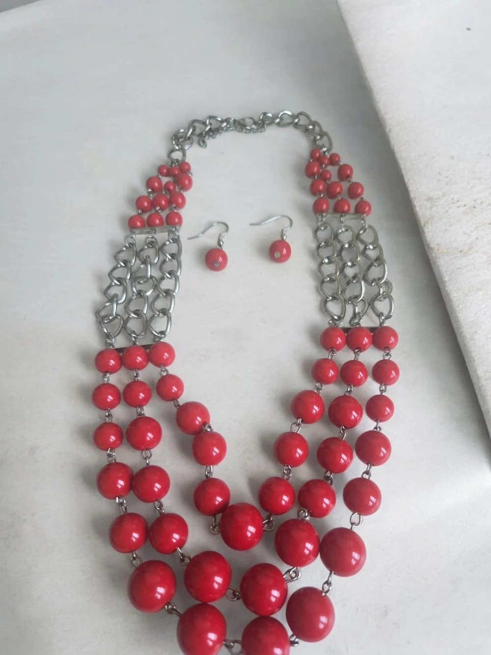 Red Multi-Strand Beaded Necklace & Earring Set